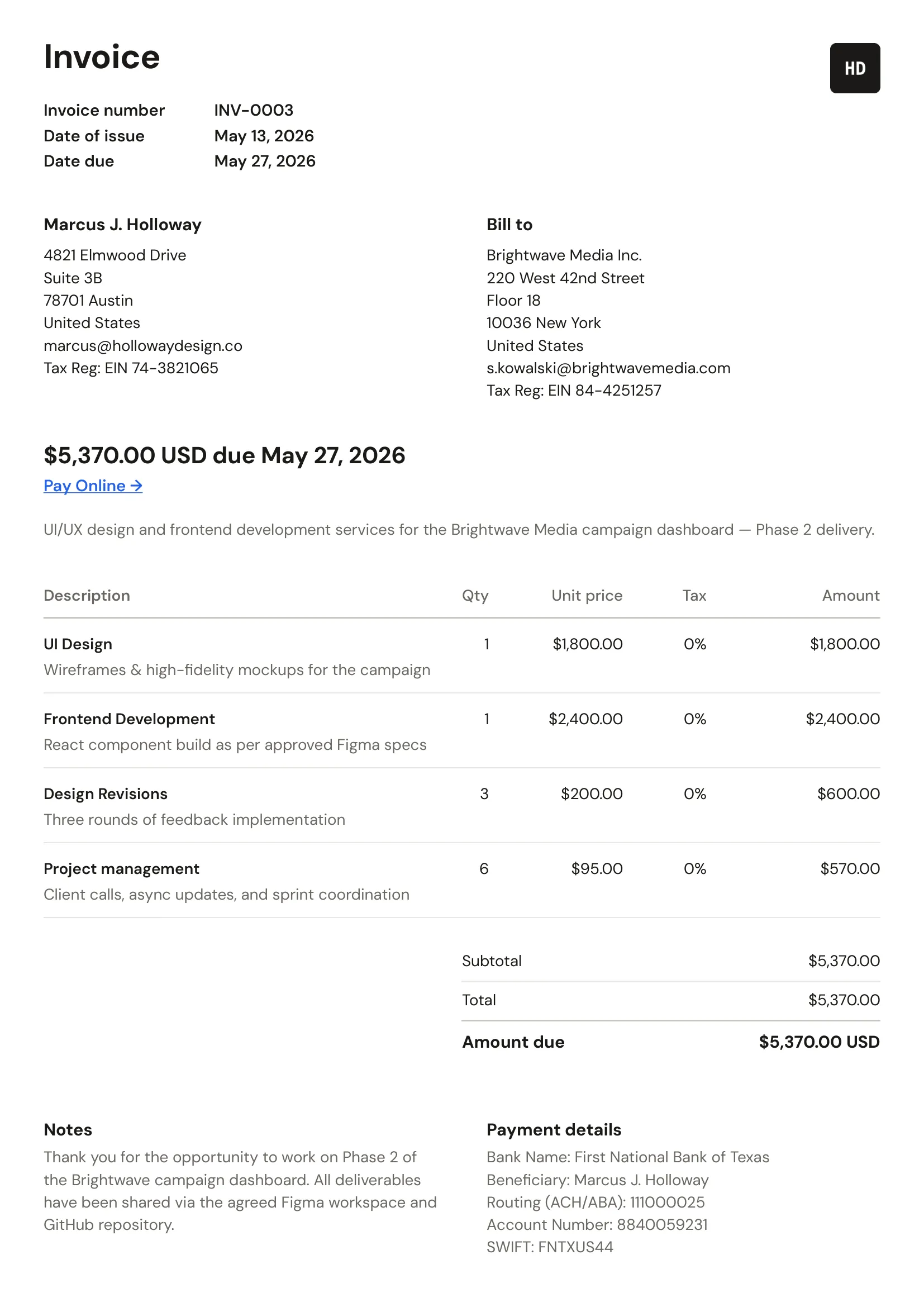 Sample Invico invoice PDF showing line items, totals, and payment details